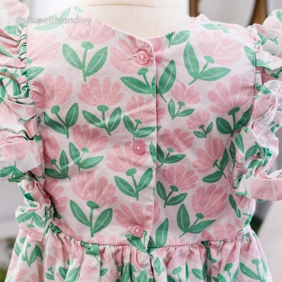 cuteheads Girls Pink and Green Floral Cotton Flutter Sleeve Pinafore Dress 5 - Picture 7 of 10